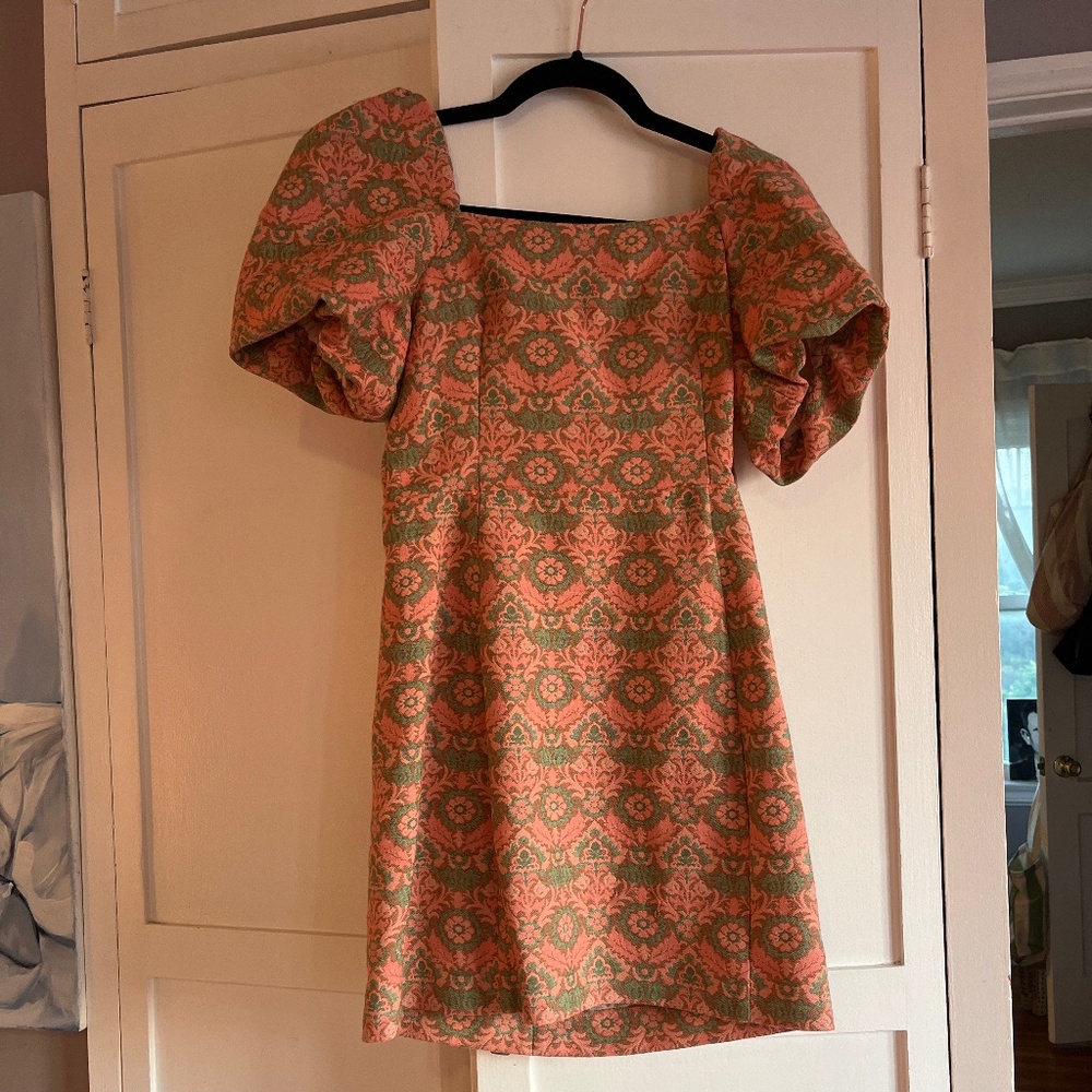 Sézane Pink and Green Brocade Puff-Sleeve Mini Dress